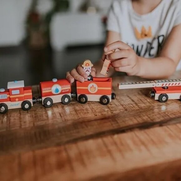 Janod  Firefighters  Wooden Train Connecting w/ Magnetic Connector Brand New - Picture 9 of 10